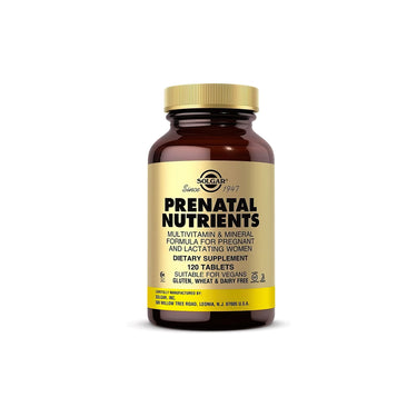 A bottle of Solgar Prenatal Nutrients 120 Tablets on a white background.